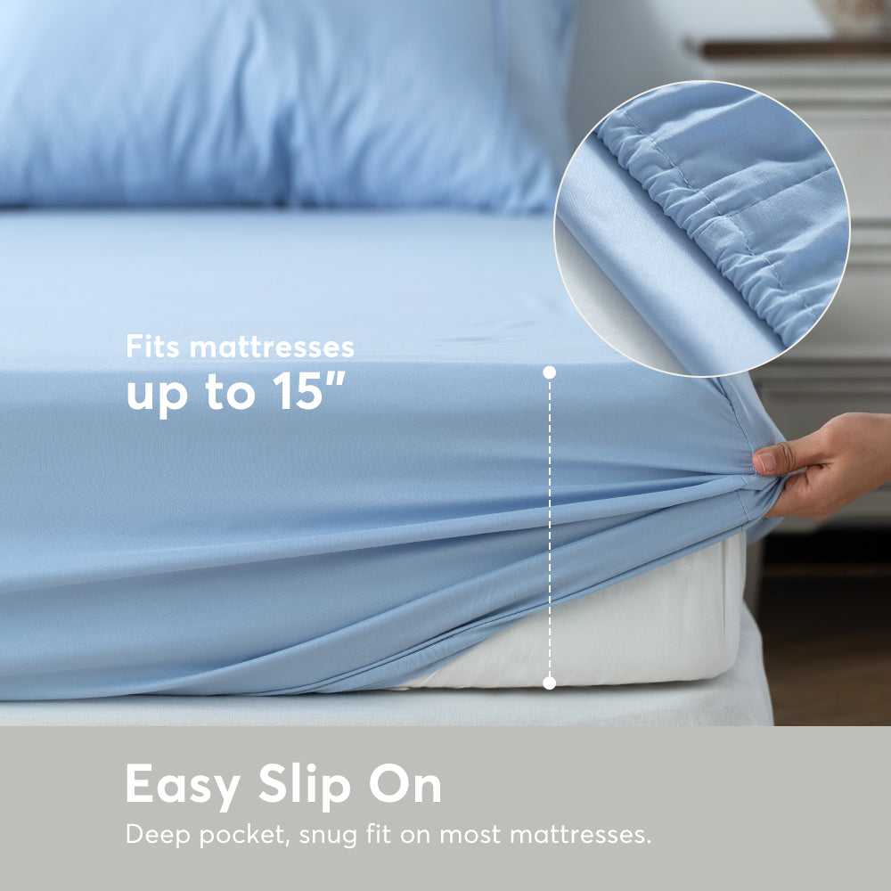 Sleep City Twin XL / Blue Sheet Set Kasentex All Season Deep Pocket Fitted Sheet Set with Pillowcases, Room Decor, Graduation Gifts Kasentex