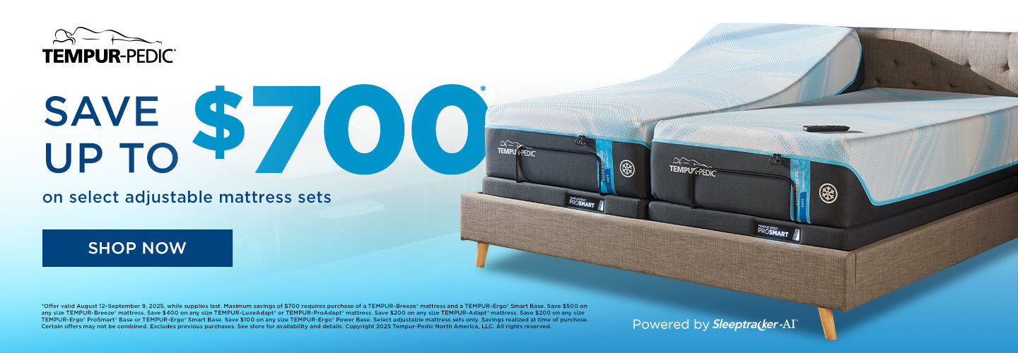 Promotional advertisement for Tempur-Pedic adjustable mattress sets with a discount offer.