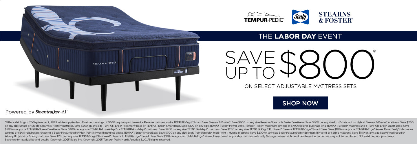 Advertisement for a mattress set with a Labor Day promotion on a blue and white background.