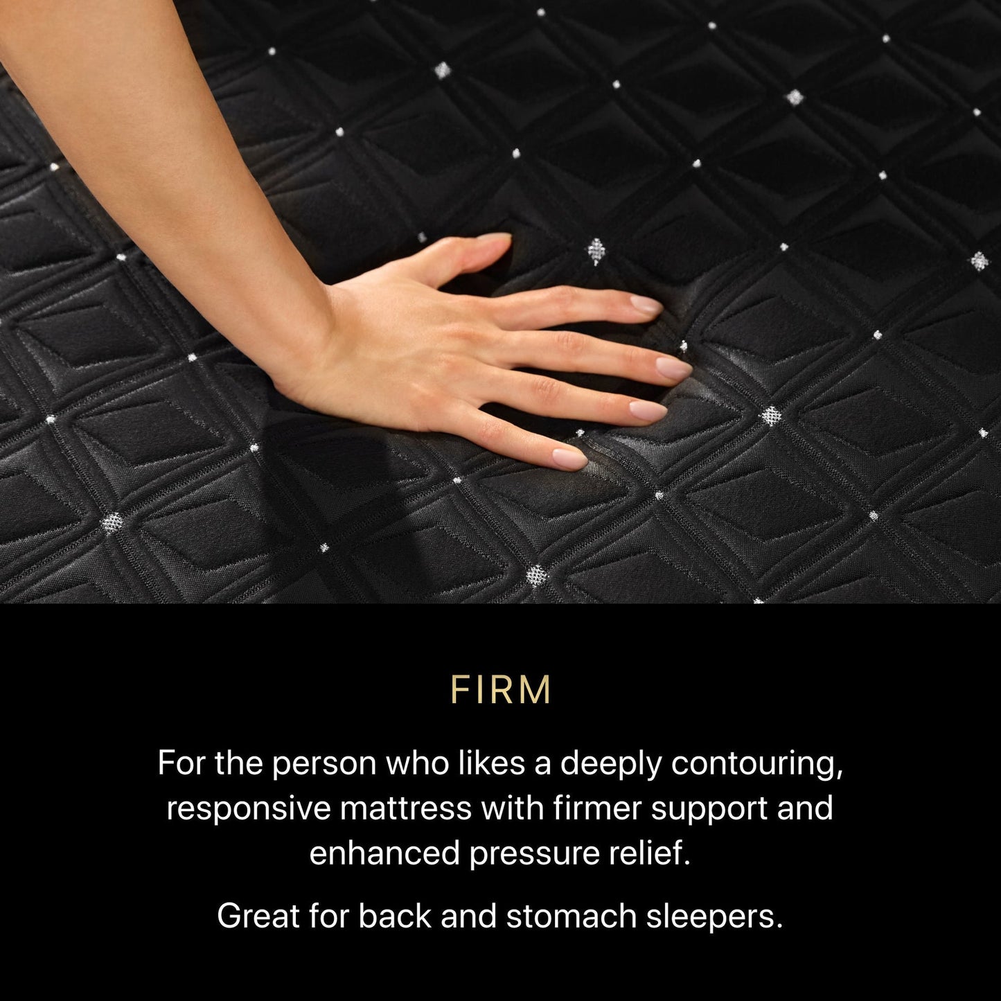 Hand pressing into a black mattress with text describing firm support.