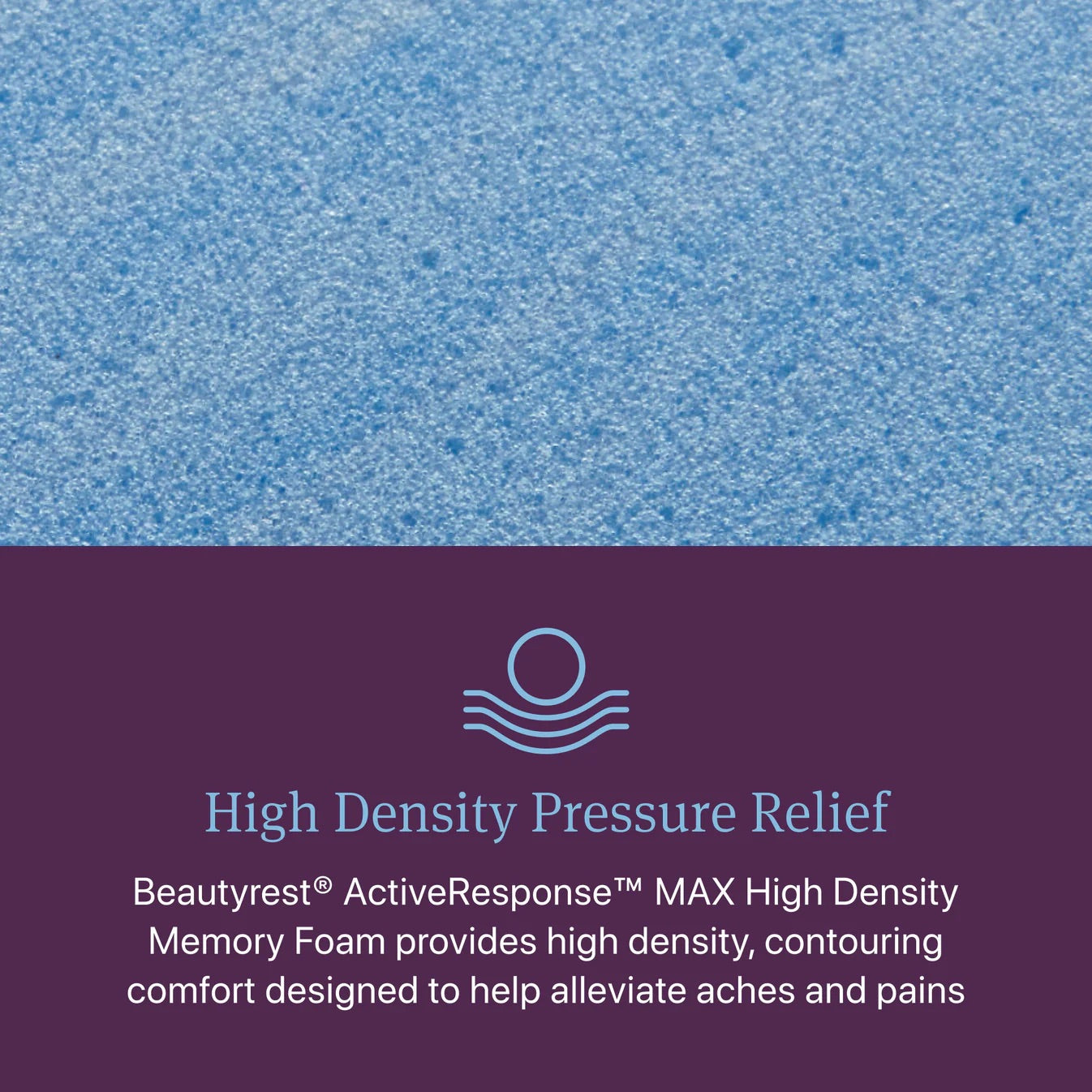 Text about High Density Pressure Relief memory foam with a blue textured background and logo.