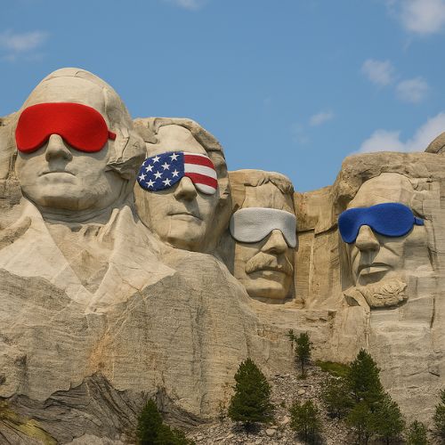 Mount Rushmore with patriotic sleep masks on and a blue sky background