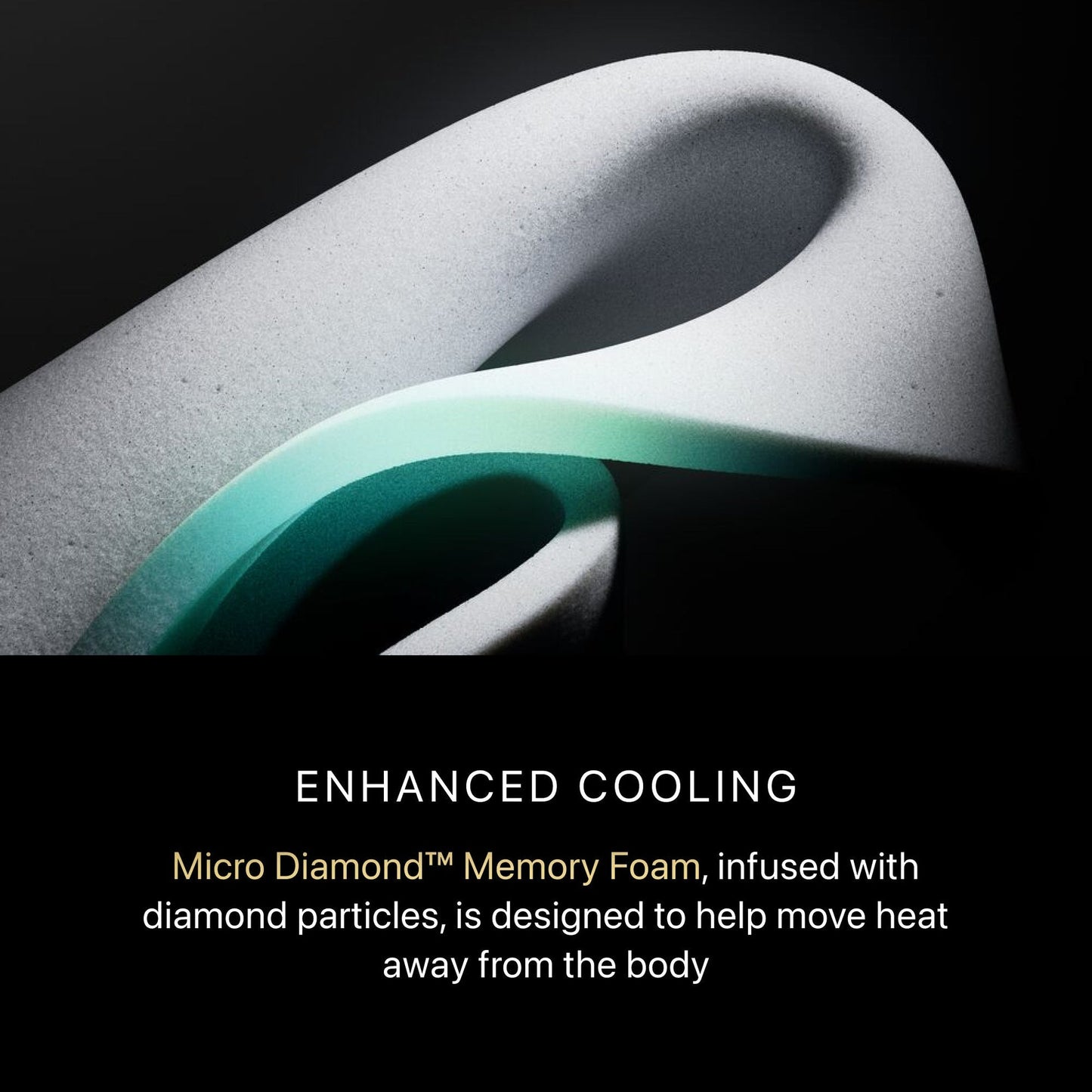 Memory foam product with text about enhanced cooling and micro diamond memory foam.