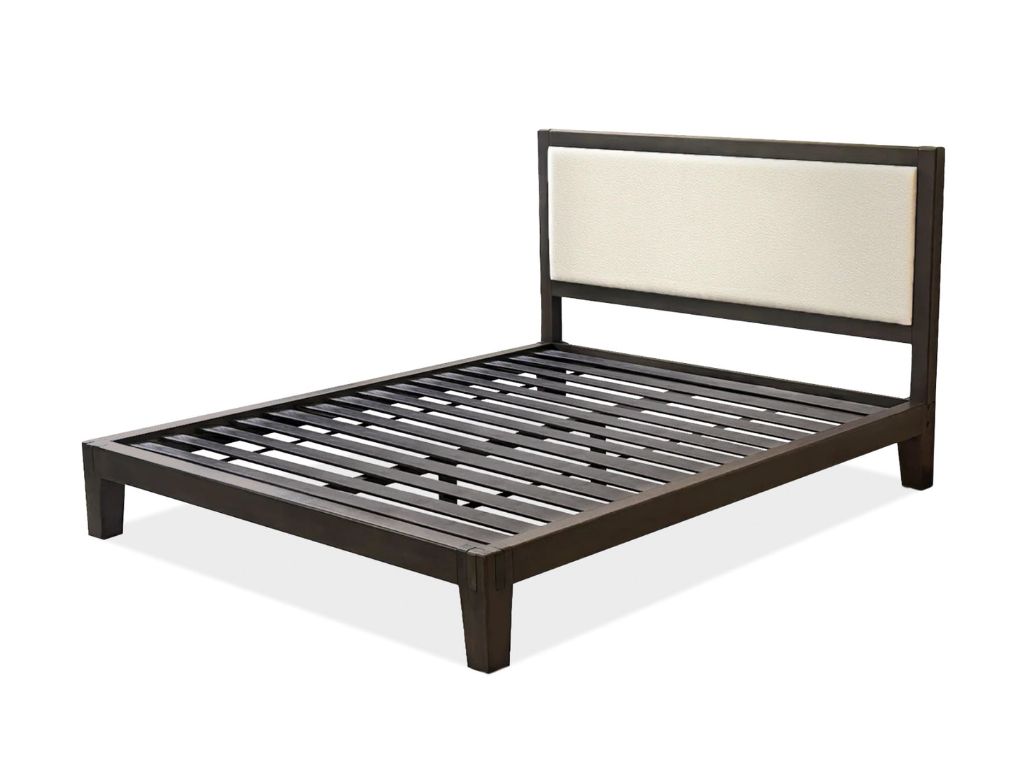 Bed frame with wooden slats and upholstered headboard on a white background
