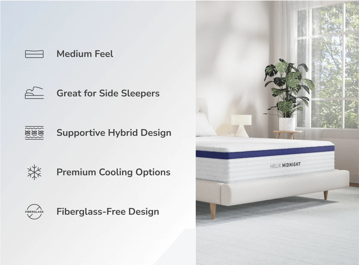 Mattress with features listed on the left and a bedroom setting on the right.