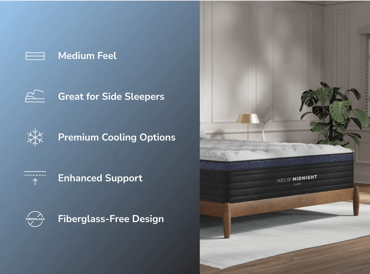 Helix Midnight mattress with features listed on a blue background