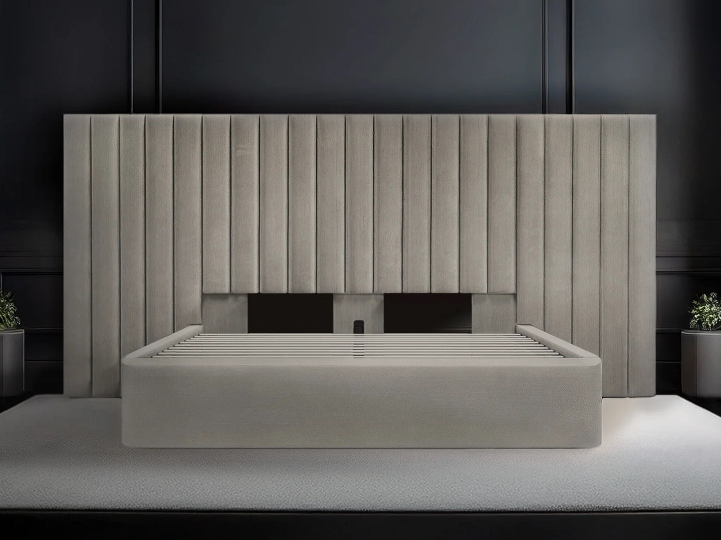 Modern bed with a large headboard in a dark room