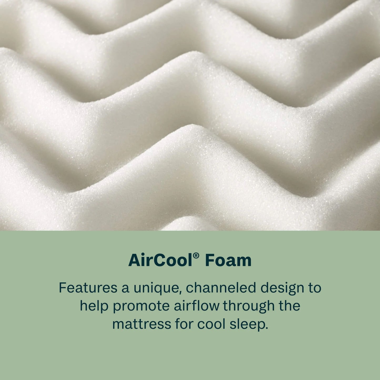 Close-up of AirCool foam with text describing its design for cool sleep.