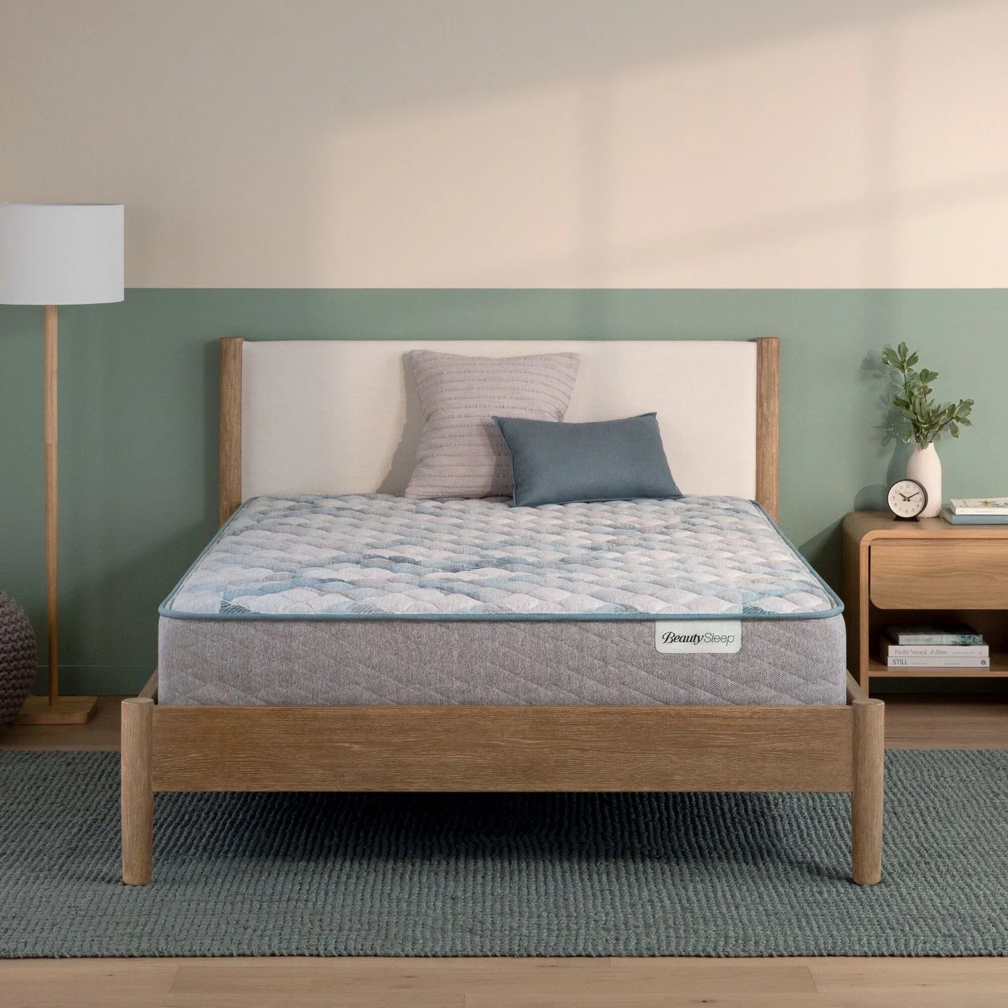 Bed with a mattress on a wooden bed frame in a bedroom setting.