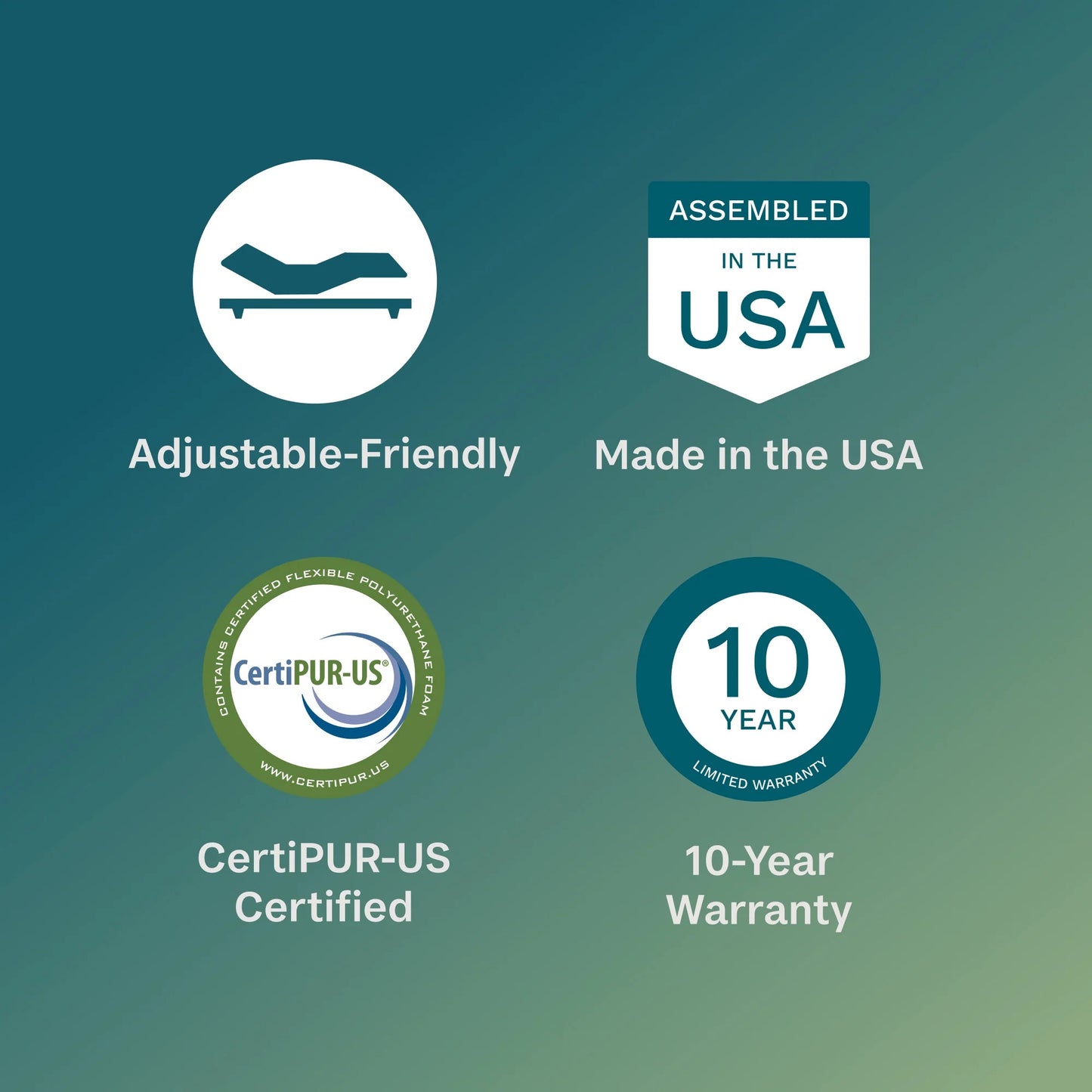Product features including adjustable-friendly, made in the USA, CertiPUR-US certified, and 10-year warranty on a green gradient background.