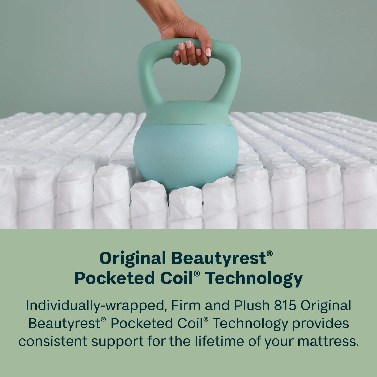 Person holding a light blue kettlebell on a mattress with text about Beautyrest Pocketed Coil Technology.