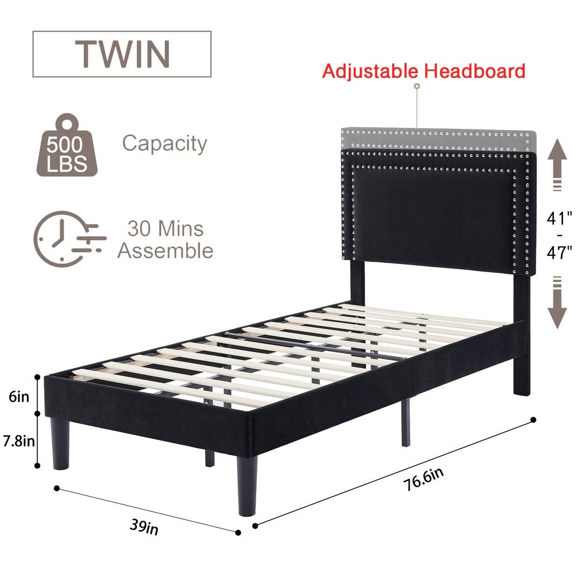 Black twin bed frame with dimensions and assembly time on a white background