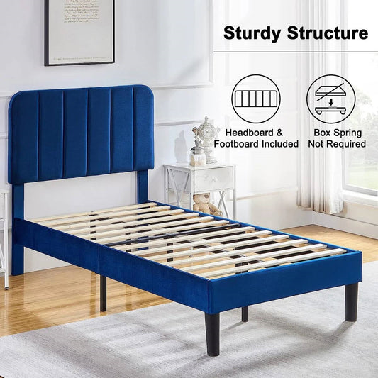 Twin blue bed frame with headboard and footboard in a room setting, highlighting features like sturdy structure and included components.