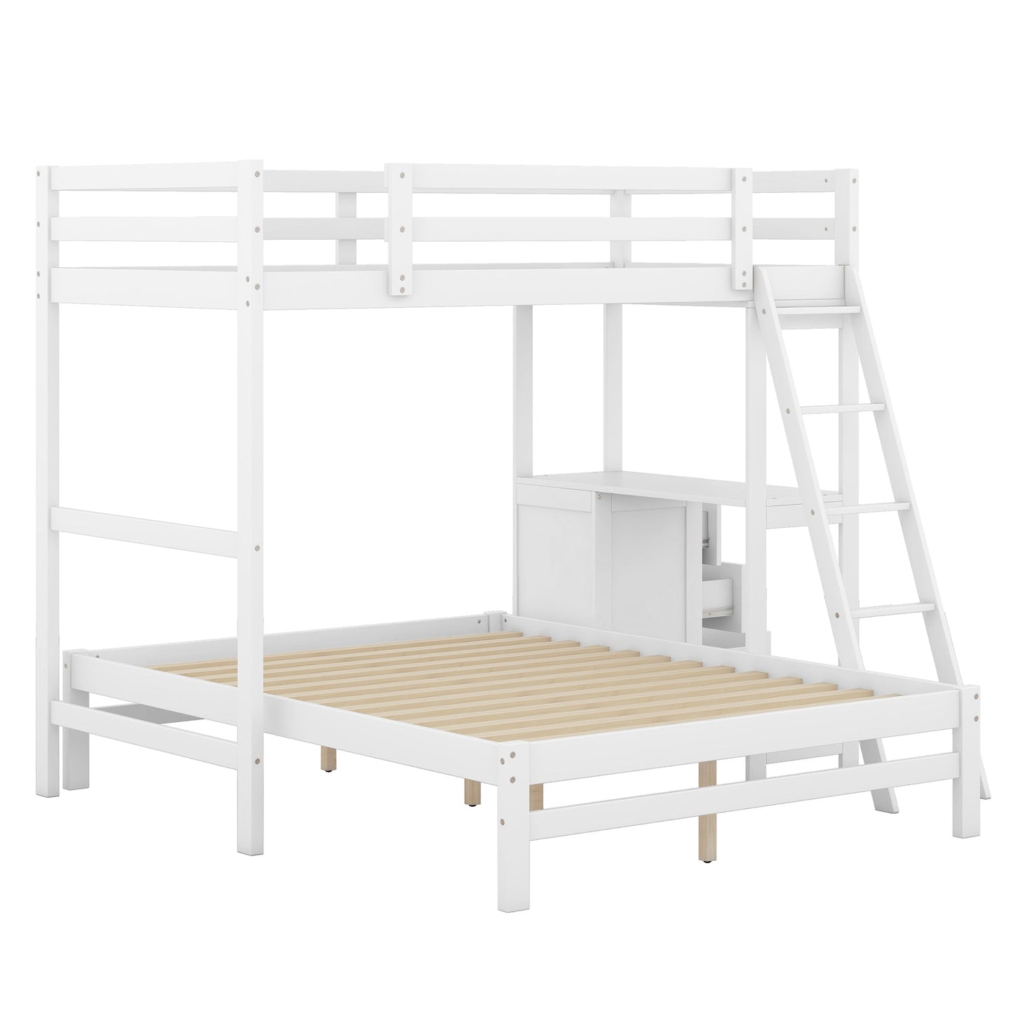 White bunk bed with wooden slats on a white background