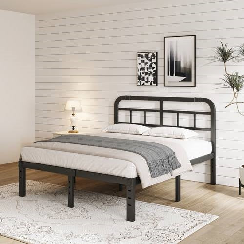 Heavy duty cal king black metal bed frame with white bedding in a bedroom setting.