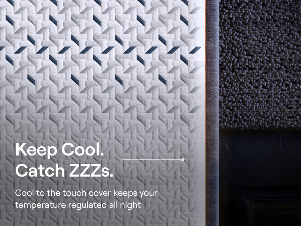 Textured cooling cover with patterned surface and promotional text on a dark background