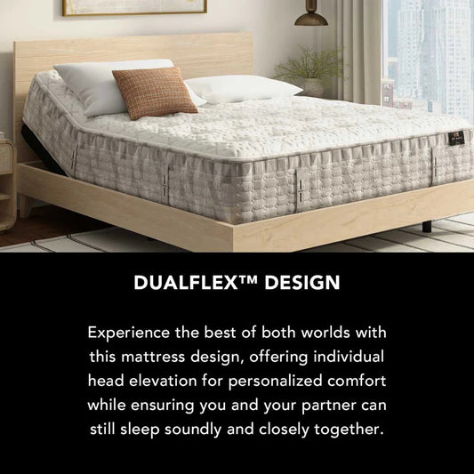 Mattress with dualflex design on a bed frame in a room with a city view.