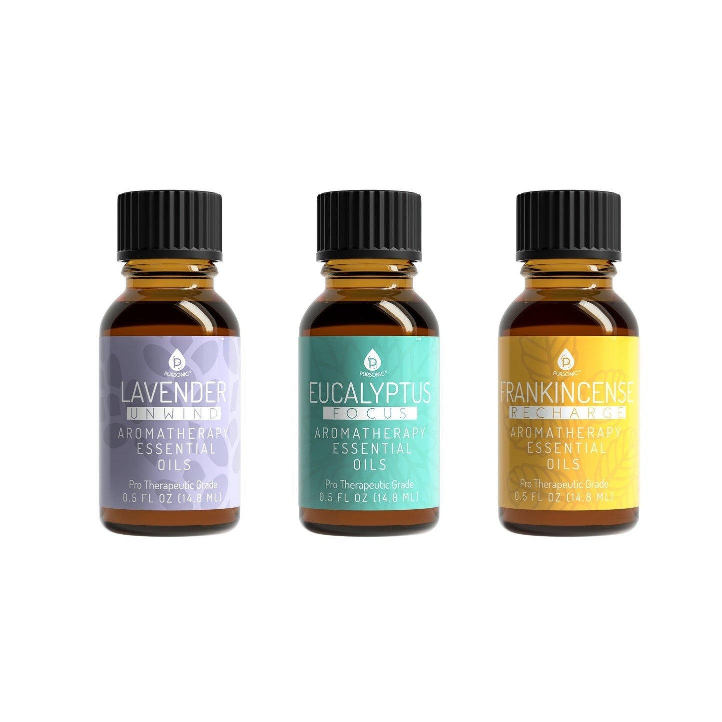 Three essential oil bottles labeled Lavender, Eucalyptus, and Frankincense on a white background.