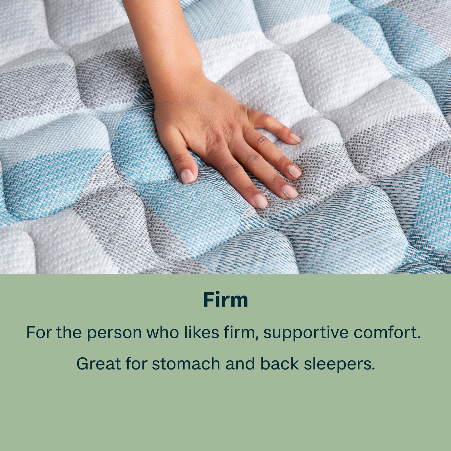 Hand on a textured mattress with a description of firm support for sleepers.