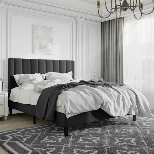 Black velvet full size upholstered platform bed frame in modern luxury bedroom.