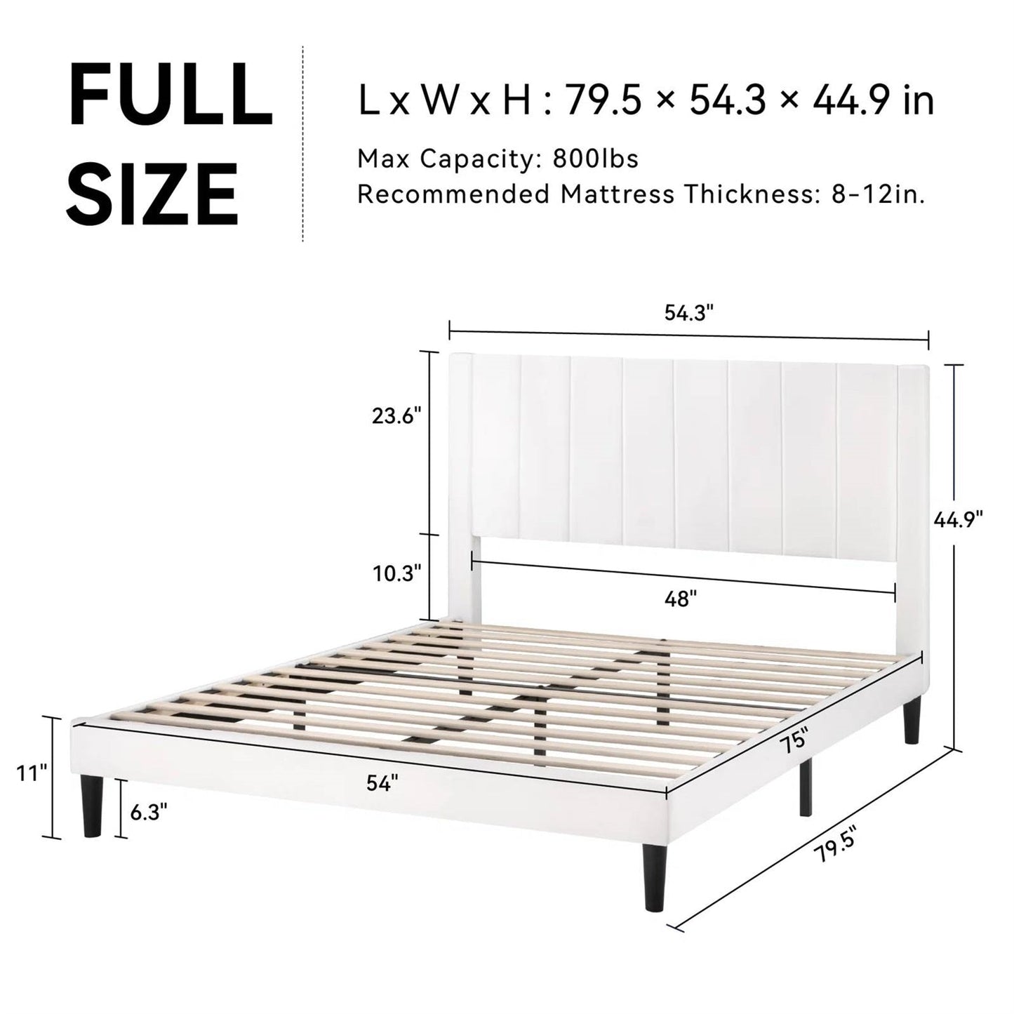 Full-size bed frame with dimensions and specifications on a white background
