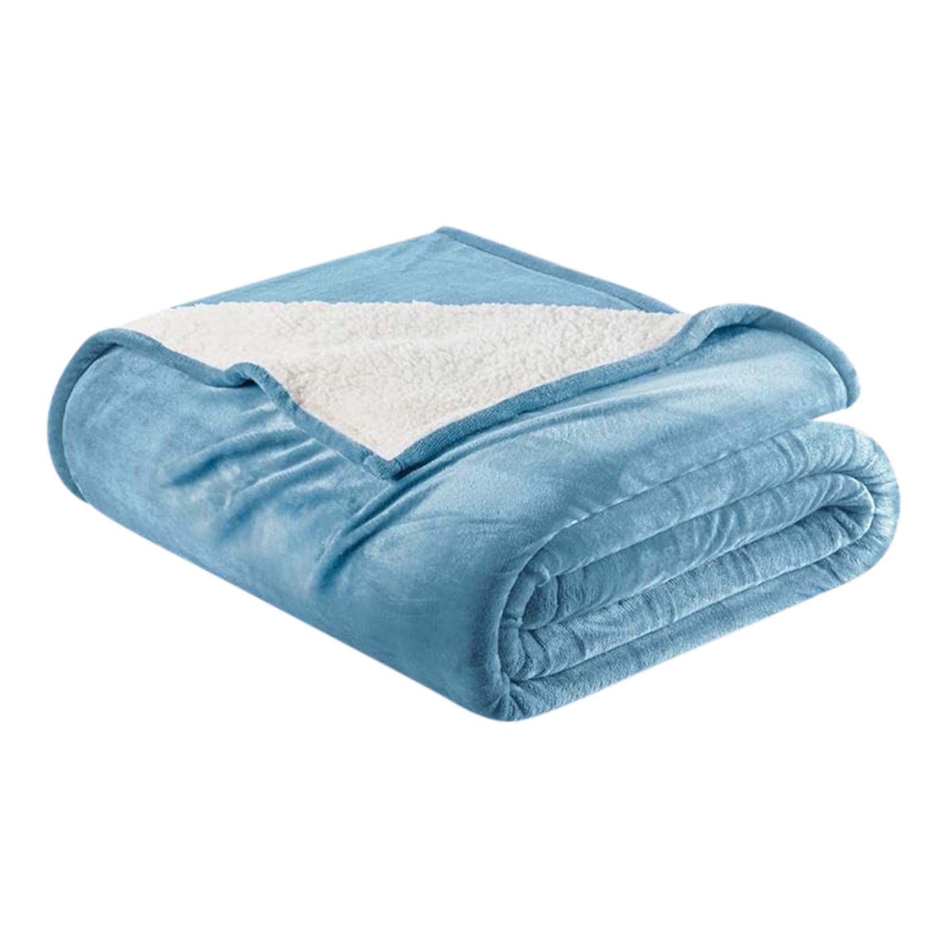 Sleep City Full / Queen / Washed Blue Blankets Velvet Plush Sherpa Bed Blanket - Sherpa Fleece Collection Great Bay Home