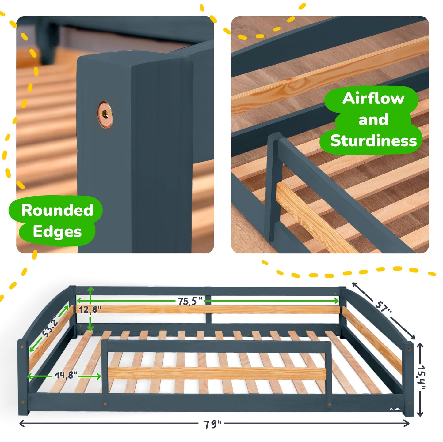 Wooden bed frame with rounded edges and airflow design, showing measurements and structural details.