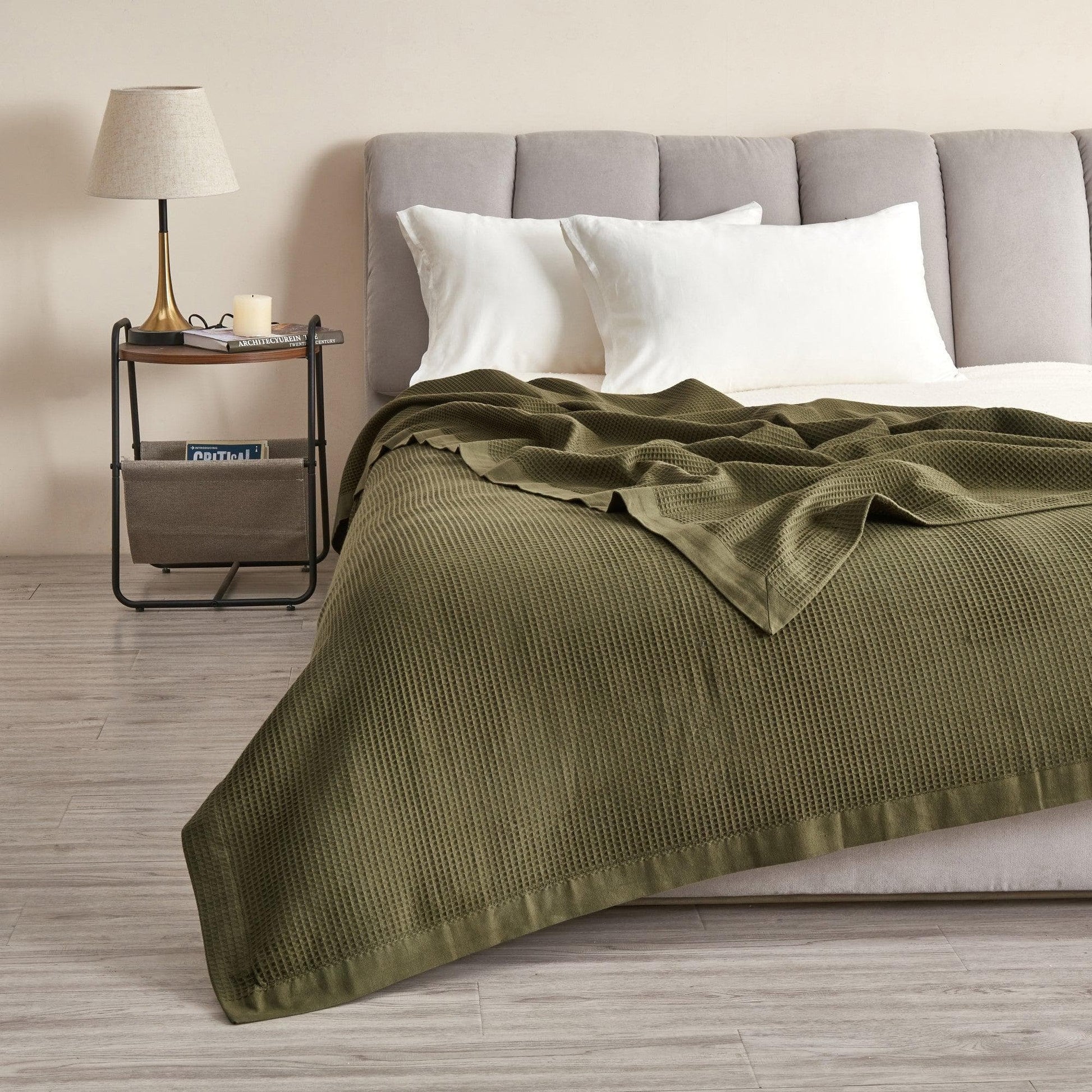 Sleep City Twin / Olive Green Blankets 100% Cotton Small Waffle Weave Blanket - Hazel Collection Great Bay Home