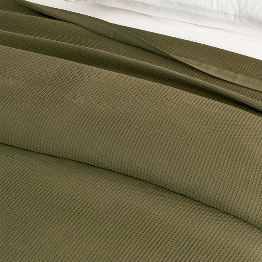 Sleep City Twin / Olive Green Blankets 100% Cotton Small Waffle Weave Blanket - Hazel Collection Great Bay Home