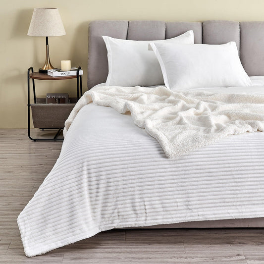 Sleep City Full / Queen / White Blankets Ribbed Sherpa Throw Blanket - Corduroy Collection Great Bay Home