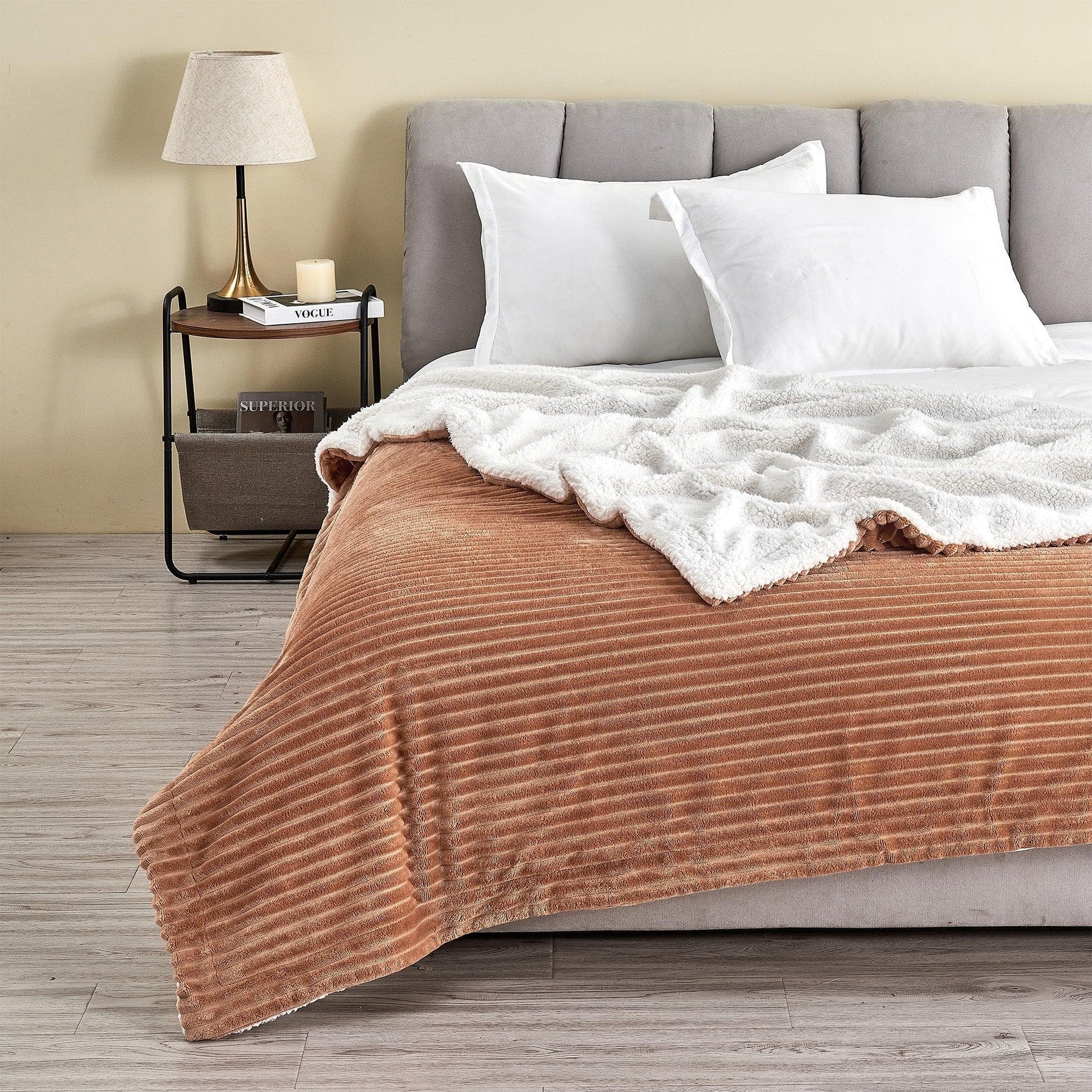 Sleep City Full / Queen / Toffee Blankets Ribbed Sherpa Throw Blanket - Corduroy Collection Great Bay Home