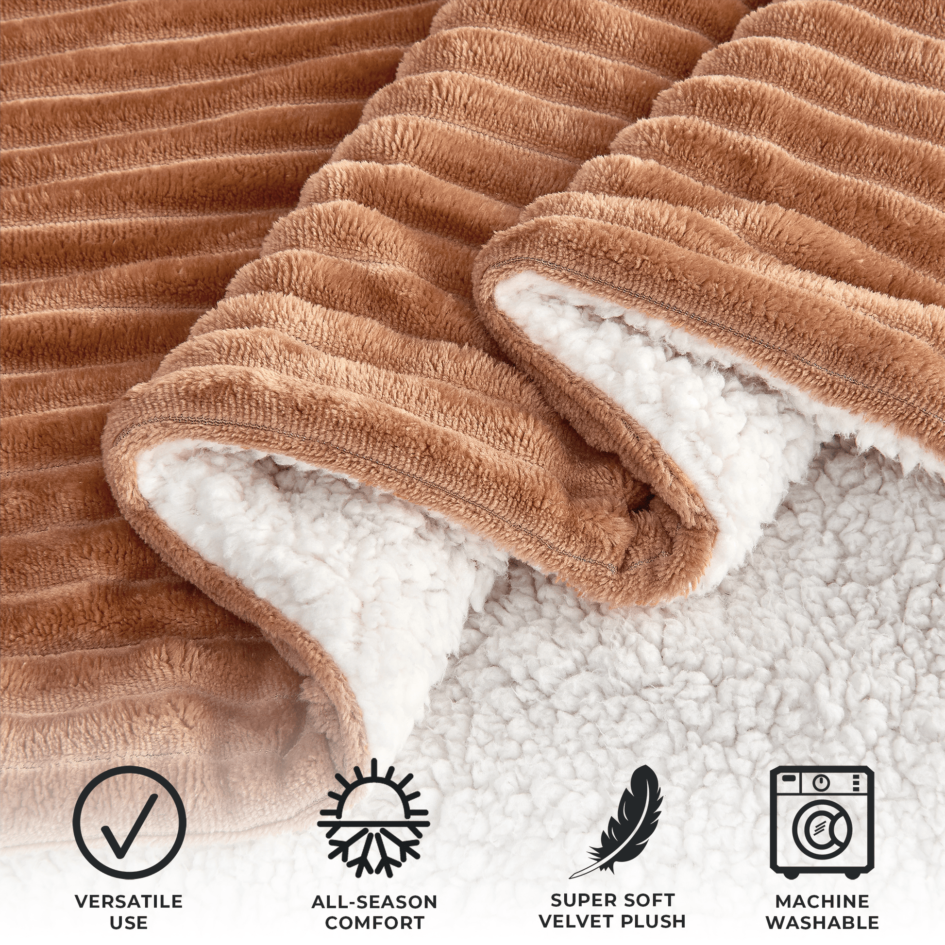 Sleep City Full / Queen / Cappuccino Blankets Ribbed Sherpa Throw Blanket - Corduroy Collection Great Bay Home