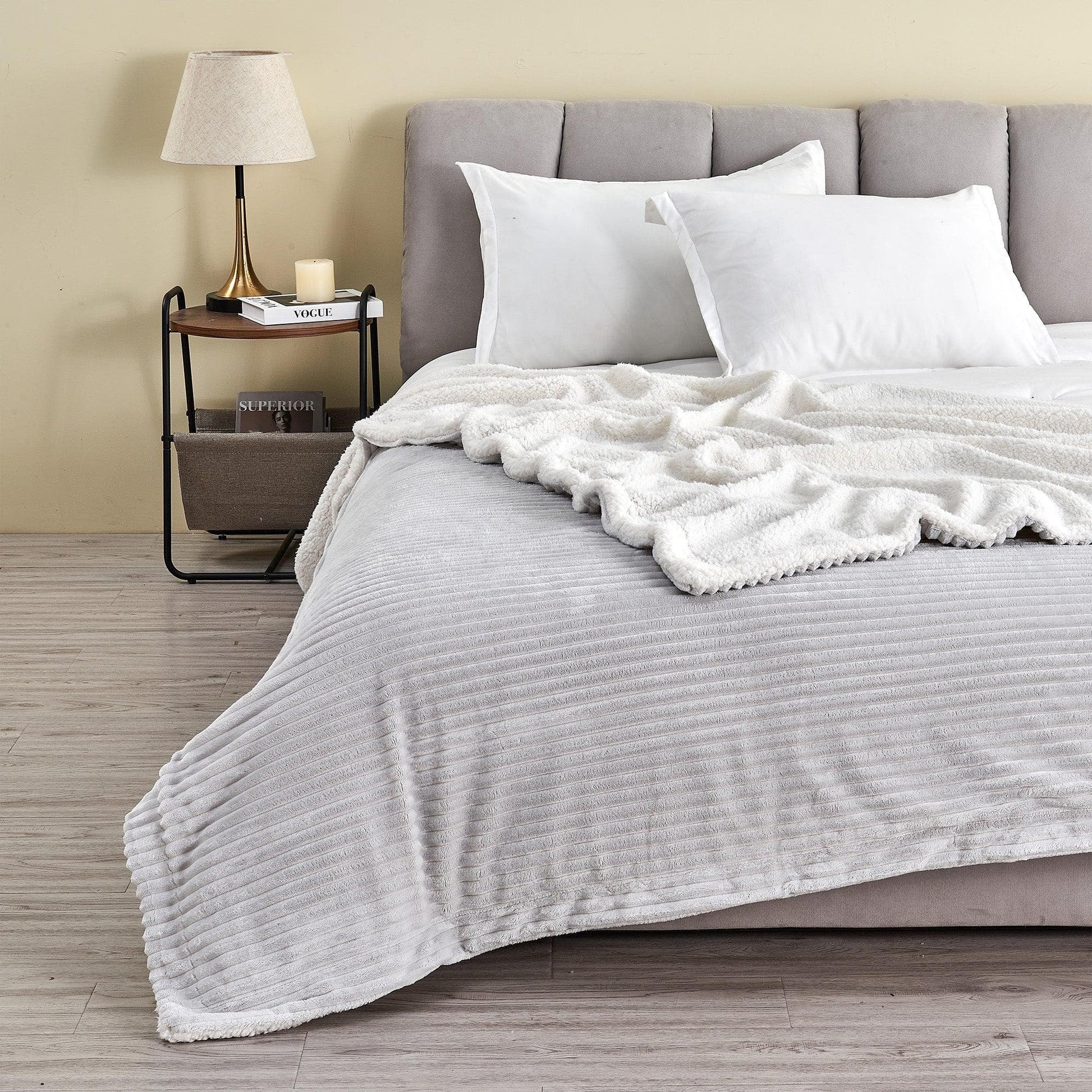 Sleep City Full / Queen / Light Grey Blankets Ribbed Sherpa Throw Blanket - Corduroy Collection Great Bay Home