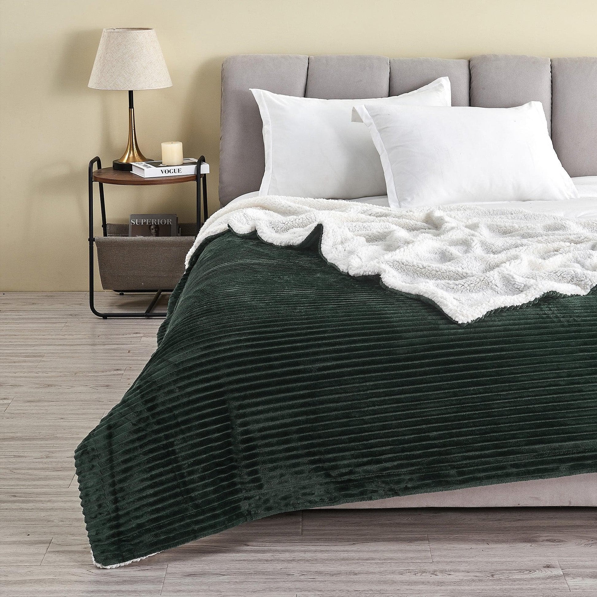 Sleep City Full / Queen / Forest Green Blankets Ribbed Sherpa Throw Blanket - Corduroy Collection Great Bay Home