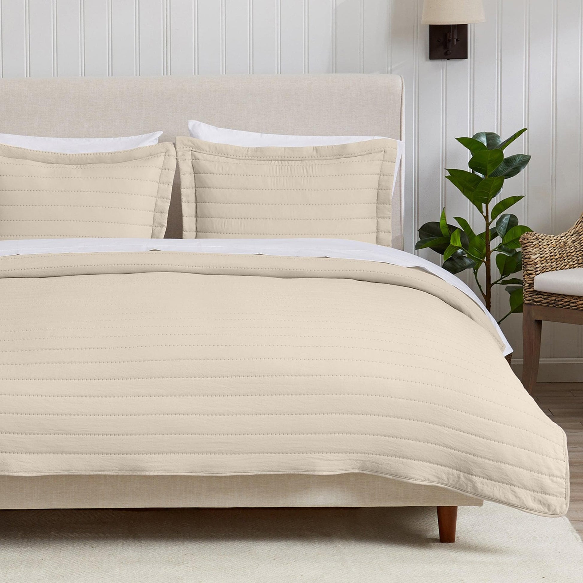 Sleep City Twin / Natural (Sand) Quilts & Comforters 3-Piece Solid Striped Quilt - Virginia Collection Great Bay Home