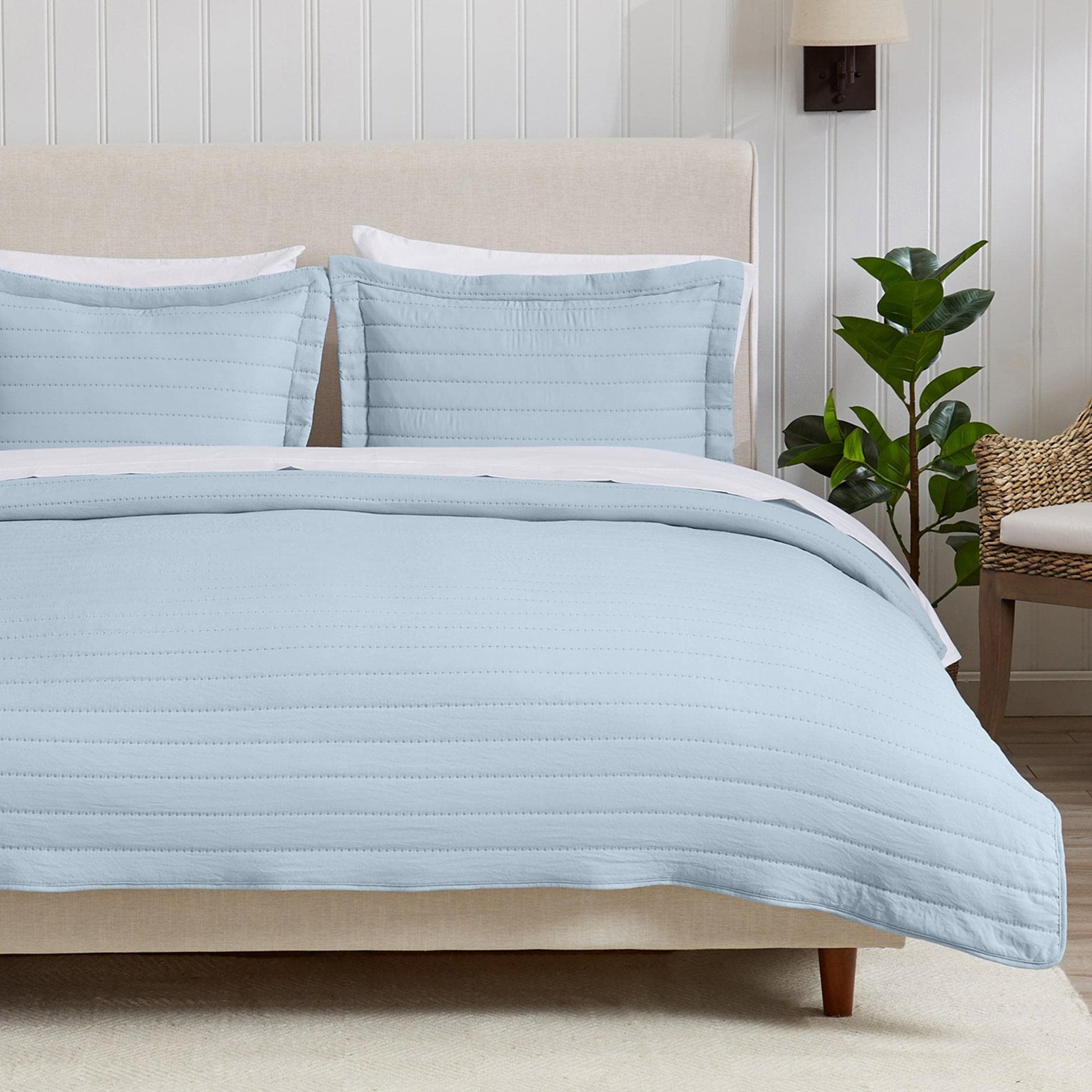 Sleep City Twin / Chambray Blue Quilts & Comforters 3-Piece Solid Striped Quilt - Virginia Collection Great Bay Home