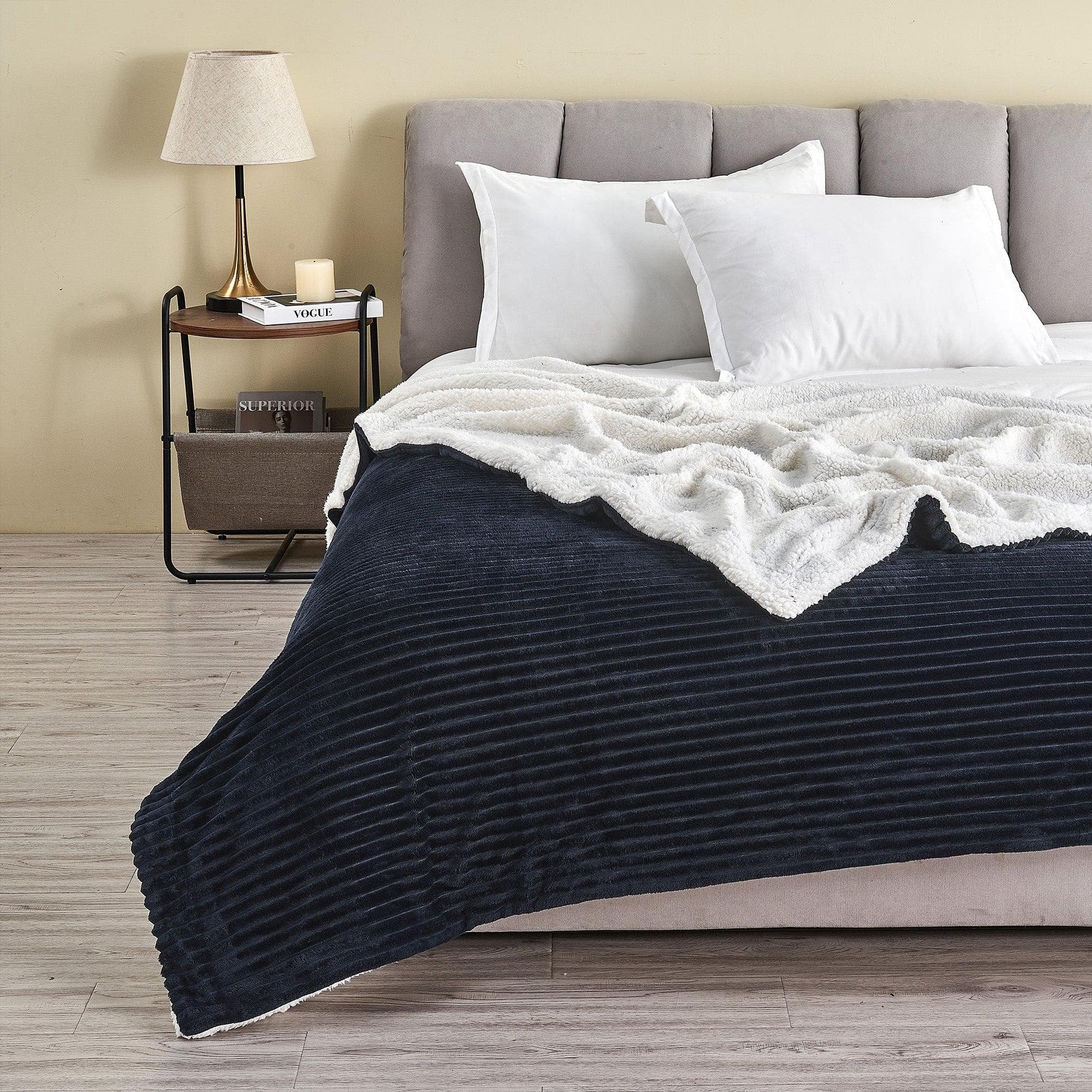 Sleep City Full / Queen / Navy Blankets Ribbed Sherpa Throw Blanket - Corduroy Collection Great Bay Home