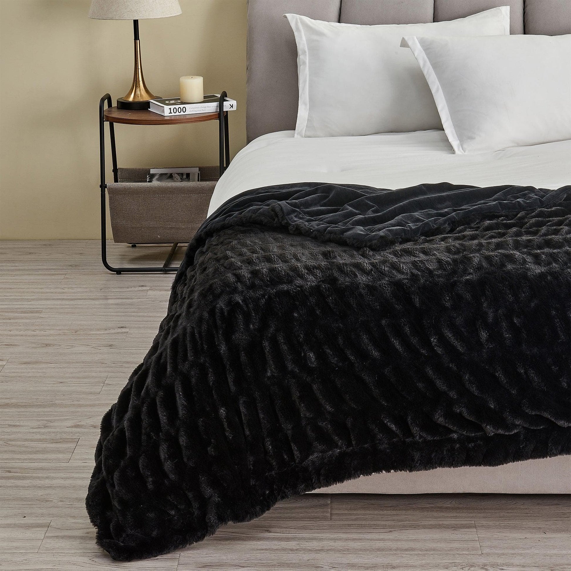 Sleep City 50" x 60" Throw / Black Blankets Ruched Faux Fur Throw Blanket - Alondra Collection Great Bay Home