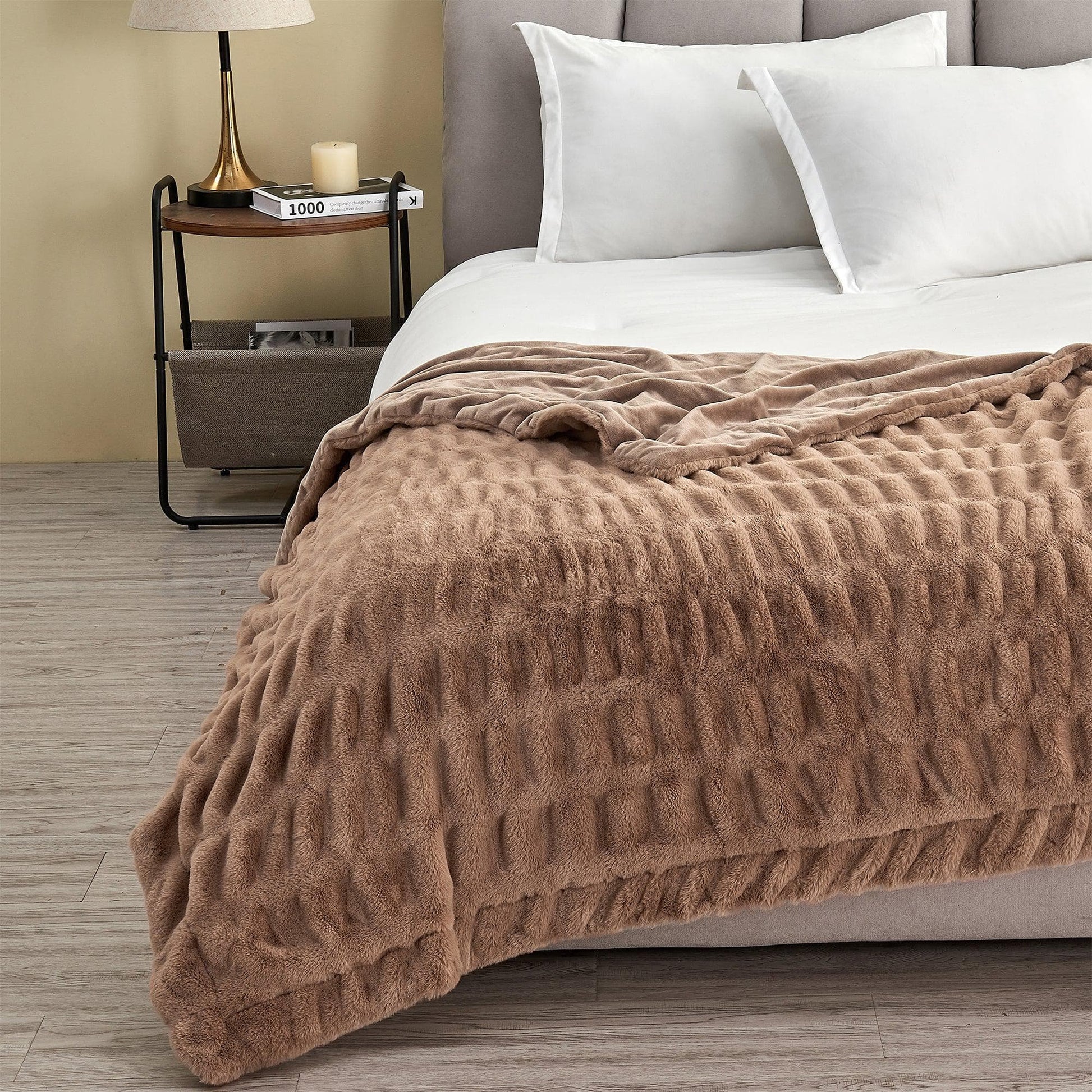 Sleep City 50" x 60" Throw / Toffee Blankets Ruched Faux Fur Throw Blanket - Alondra Collection Great Bay Home