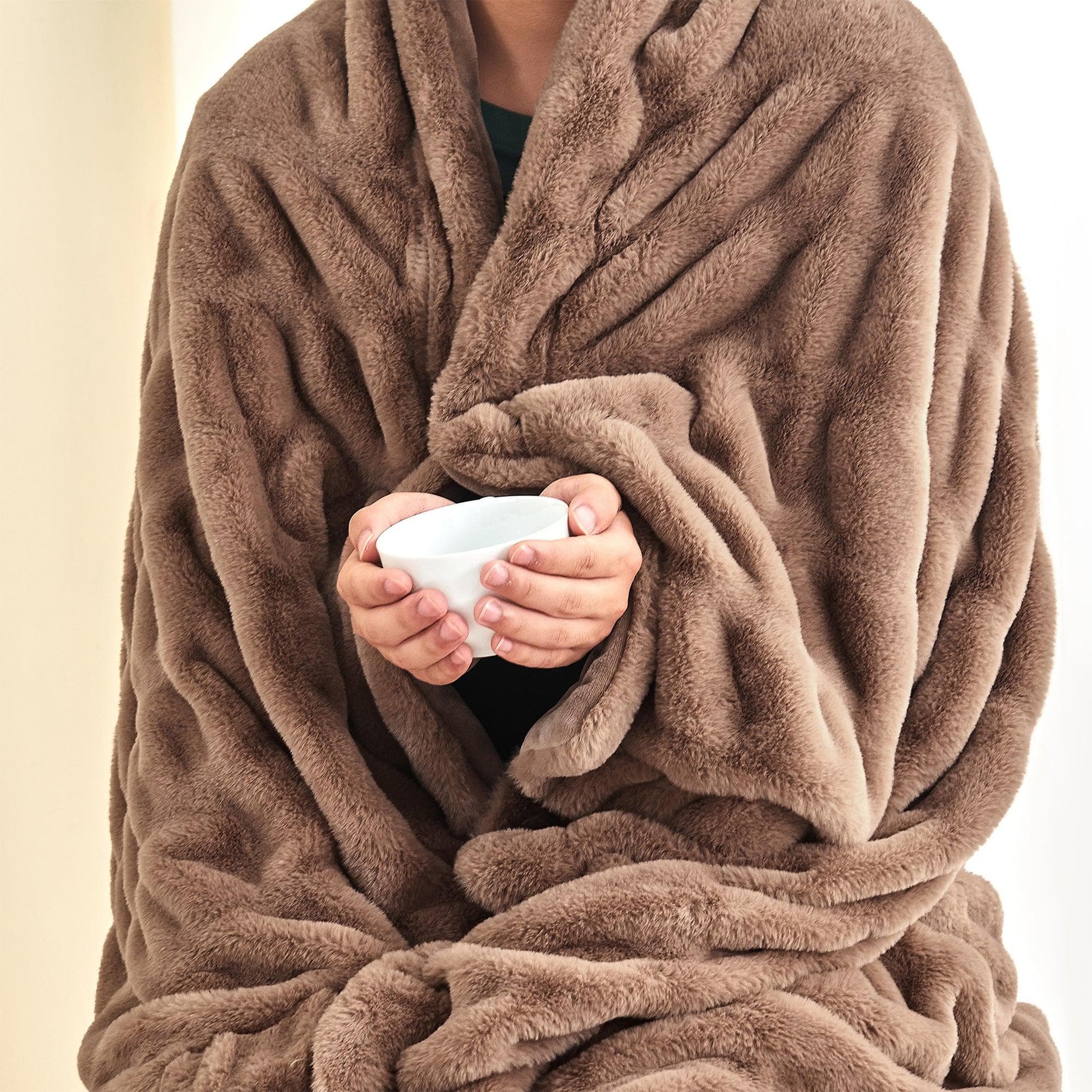 Sleep City 50" x 60" Throw / Brown / Taupe Blankets Ruched Faux Fur Throw Blanket - Alondra Collection Great Bay Home