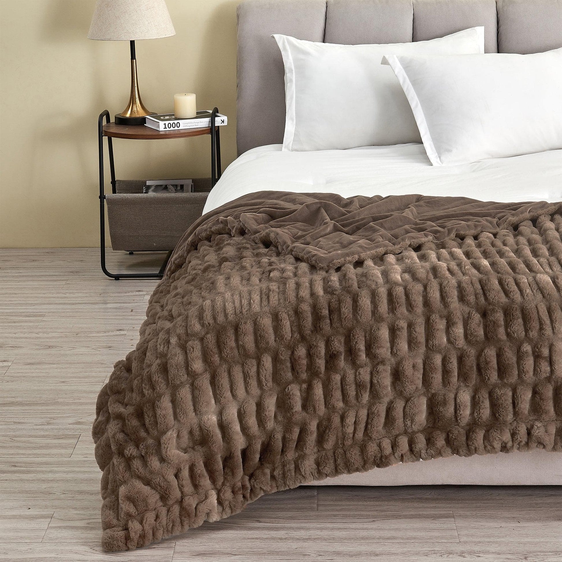 Sleep City 50" x 60" Throw / Brown / Taupe Blankets Ruched Faux Fur Throw Blanket - Alondra Collection Great Bay Home