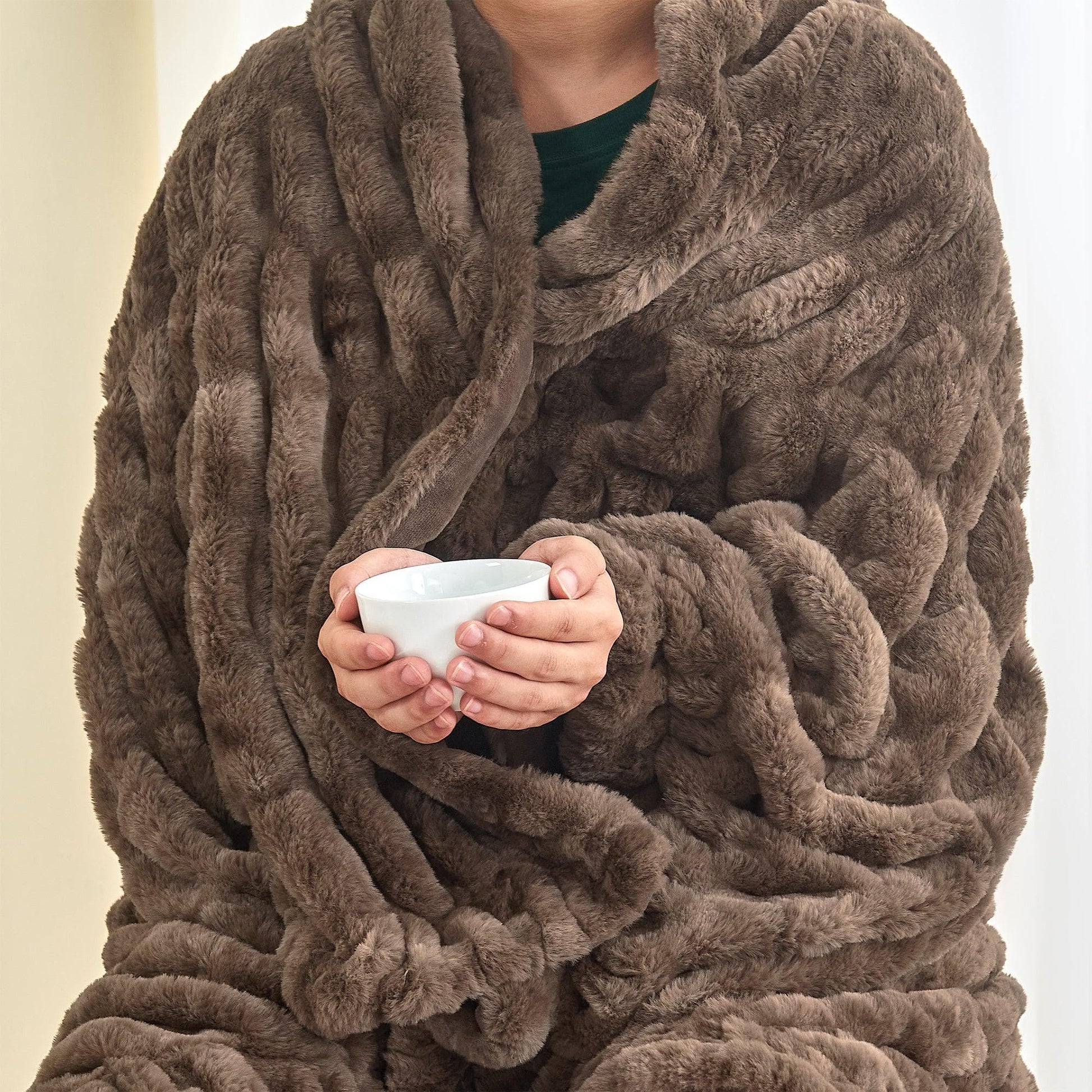 Sleep City 50" x 60" Throw / Brown / Taupe Blankets Ruched Faux Fur Throw Blanket - Alondra Collection Great Bay Home
