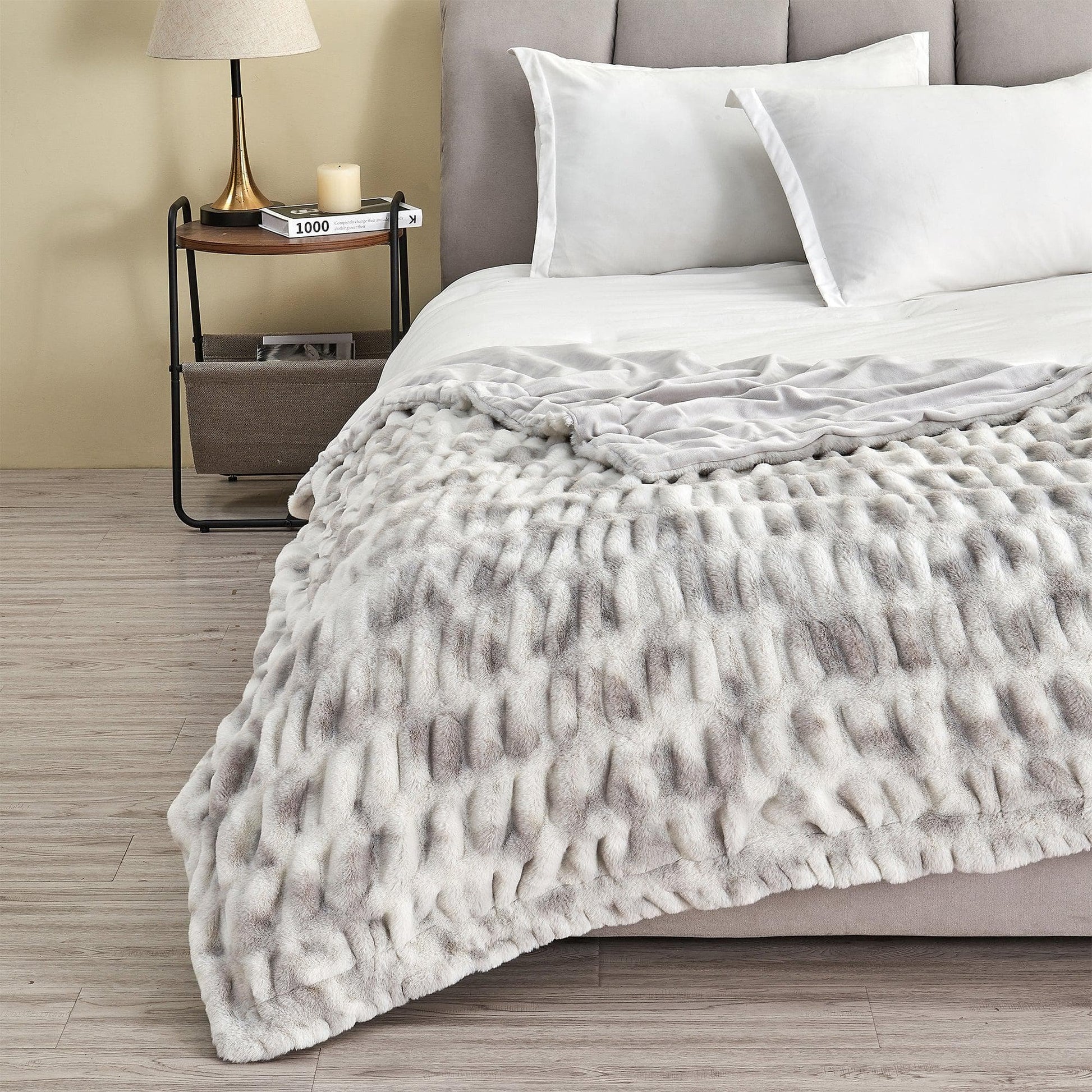 Sleep City 50" x 60" Throw / White/ Grey Blankets Ruched Faux Fur Throw Blanket - Alondra Collection Great Bay Home