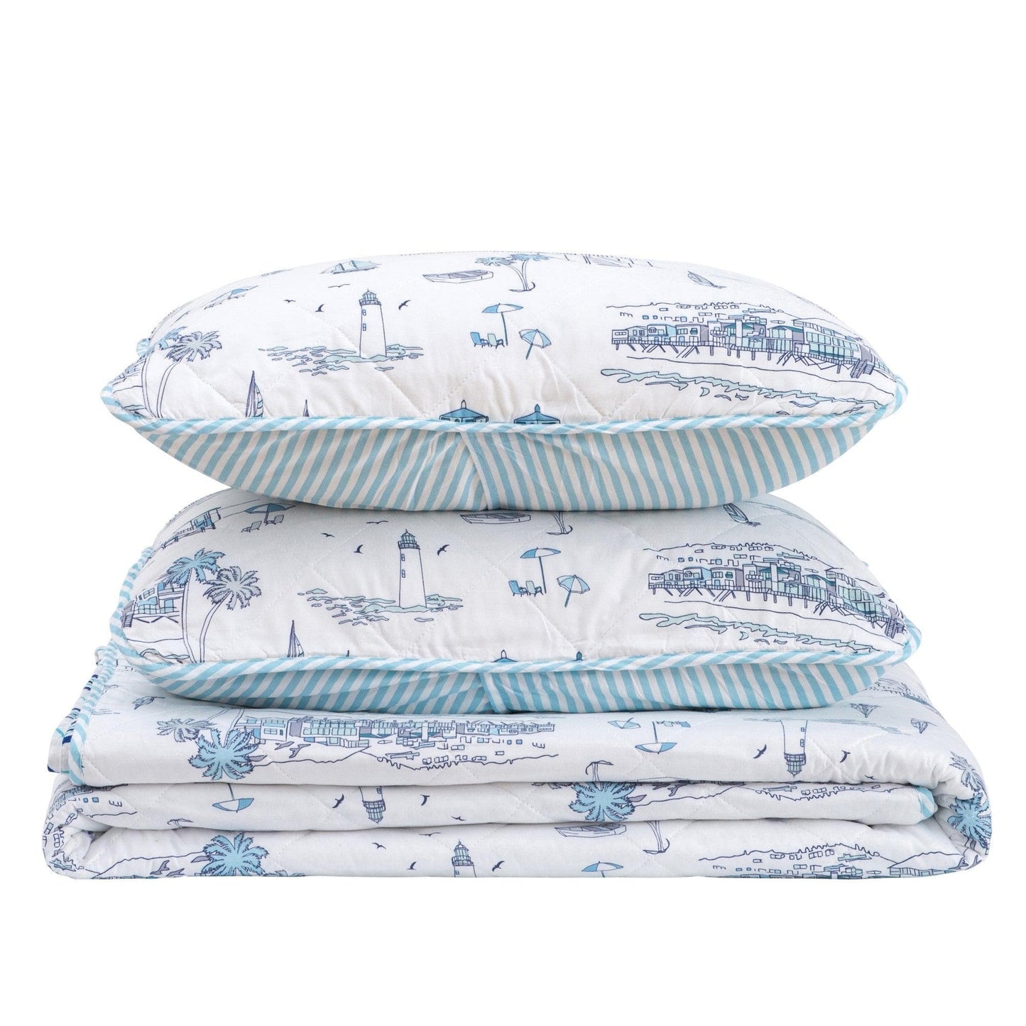 Sleep City Twin / Cape Elizabeth 3-Piece Coastal Toile Quilt Set - Cape Elizabeth Collection Great Bay Home