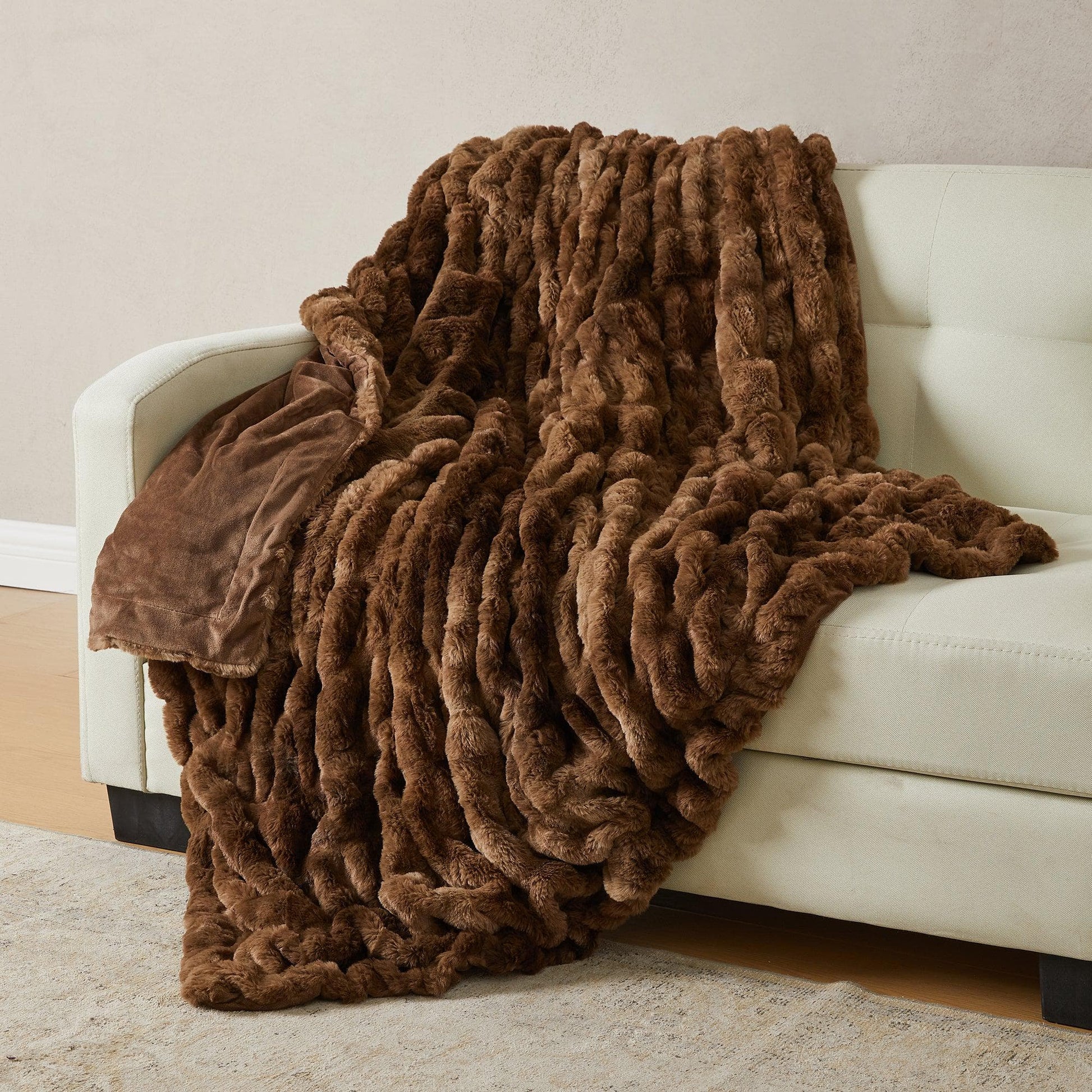 Sleep City 50" x 60" Throw / Brown / Taupe Blankets Ruched Faux Fur Throw Blanket - Alondra Collection Great Bay Home