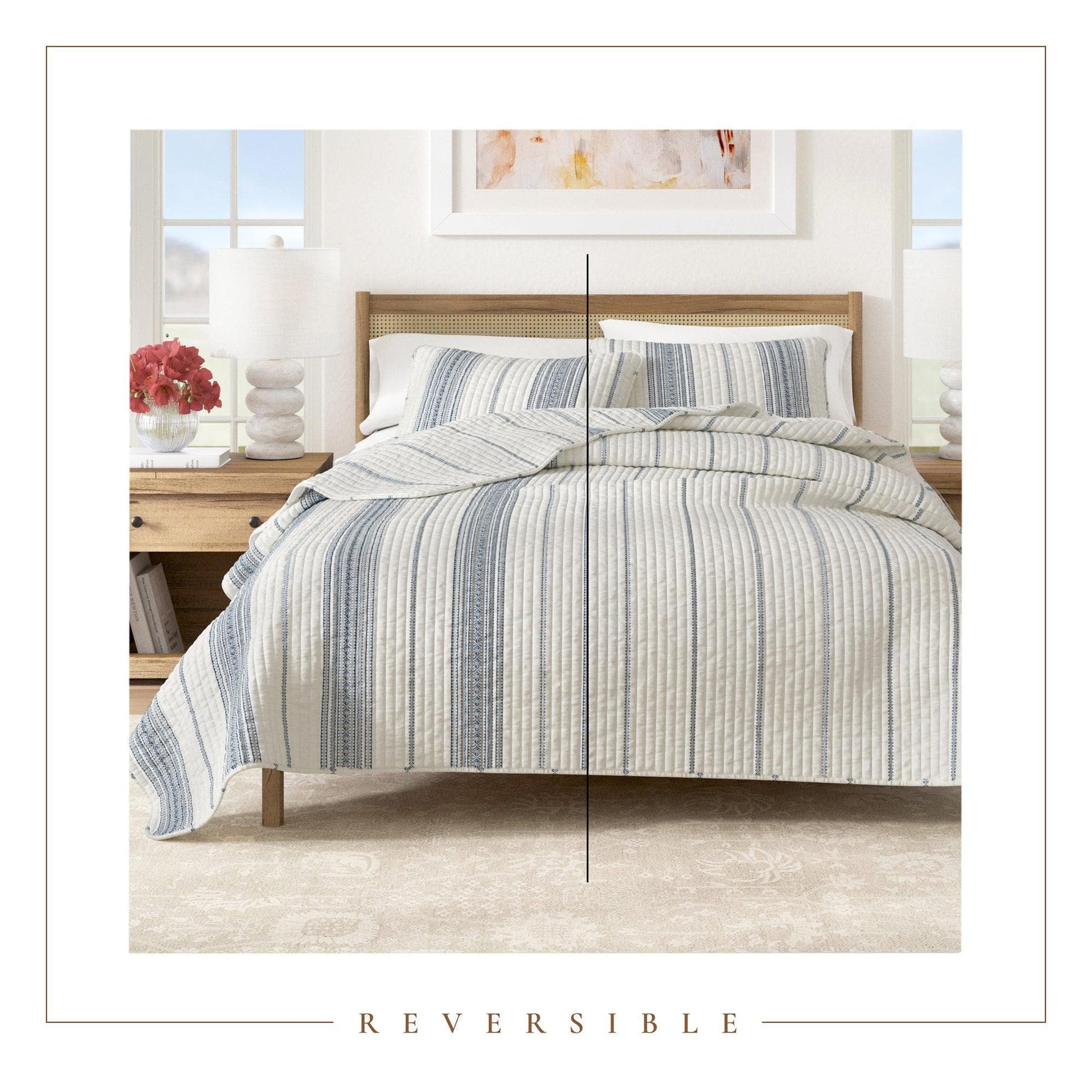 Sleep City Twin / Twin XL / White / Navy Quilts & Comforters 3-Piece Stripe Quilt - Wesley Collection Great Bay Home