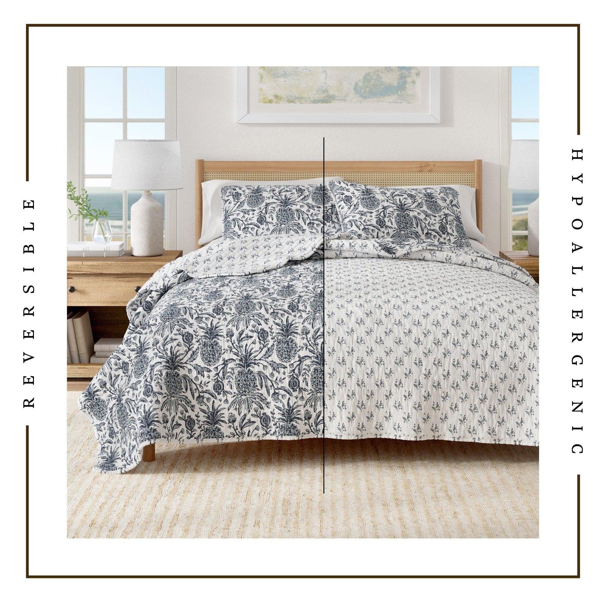 Sleep City Twin / Twin XL / Pineapple Grove - Off White/Navy Quilts & Comforters Coastal Printed Cotton Quilt Set - Bernice Collection Great Bay Home