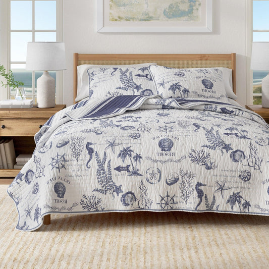 Sleep City Twin / Twin XL / Seacoast Memories Quilts & Comforters Coastal Printed Cotton Quilt Set - Calypso Collection Great Bay Home