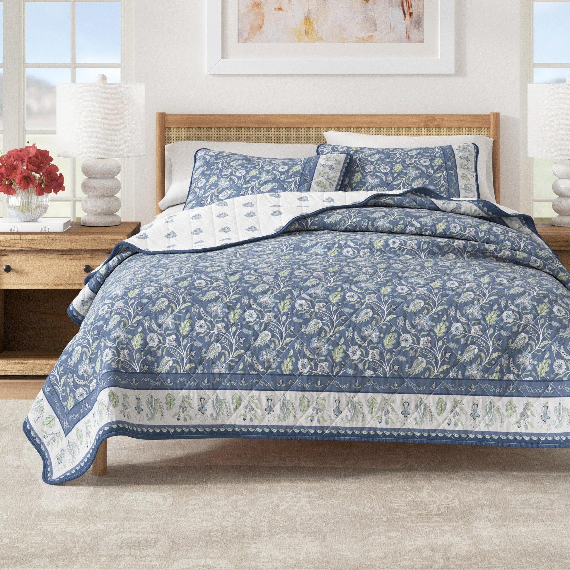 Sleep City Twin / Twin XL / Regal Garden - Blue Quilts & Comforters Floral Boho Printed Cotton Quilt Set - Indira Collection Great Bay Home
