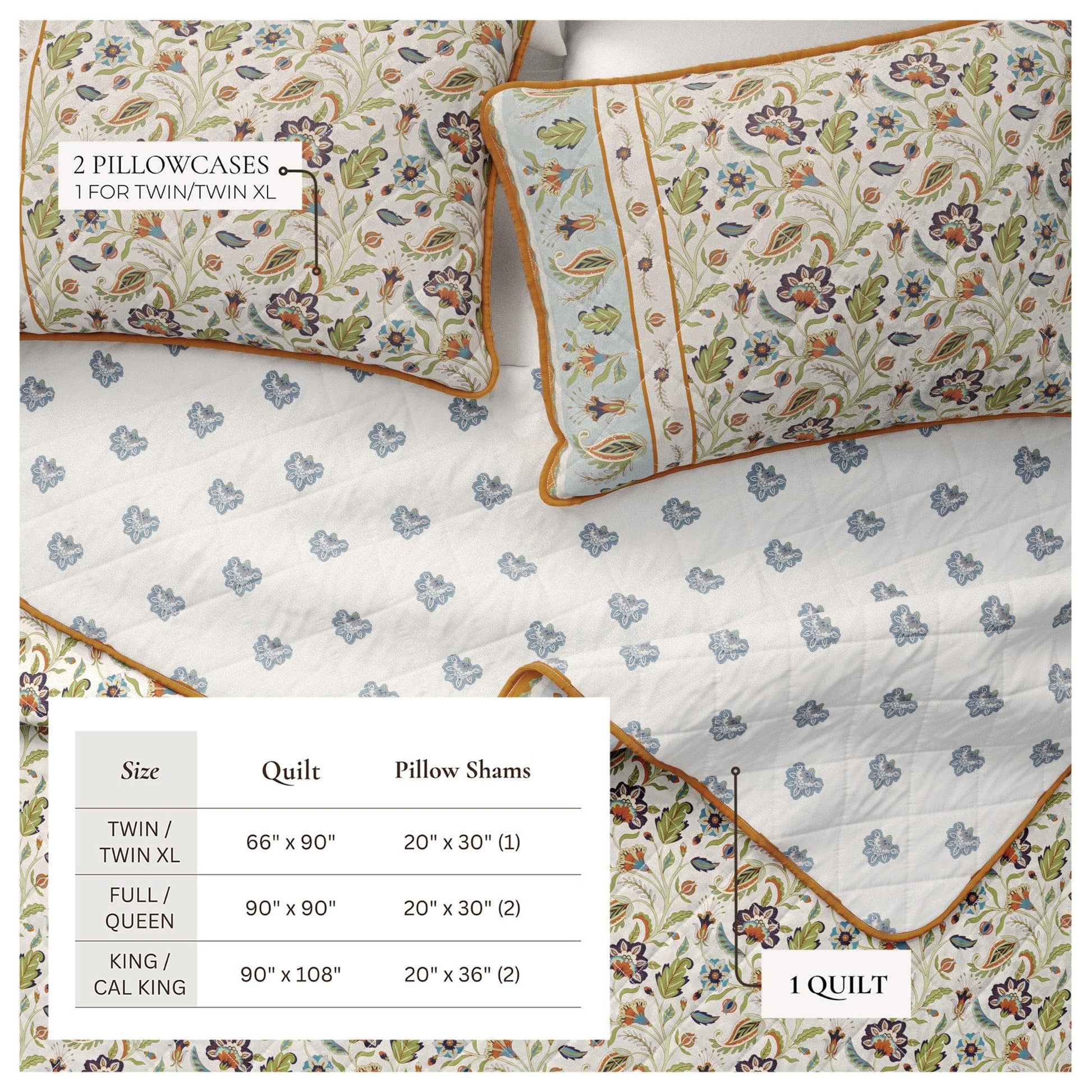 Sleep City Twin / Twin XL / Regal Garden - Ivory Quilts & Comforters Floral Boho Printed Cotton Quilt Set - Indira Collection Great Bay Home